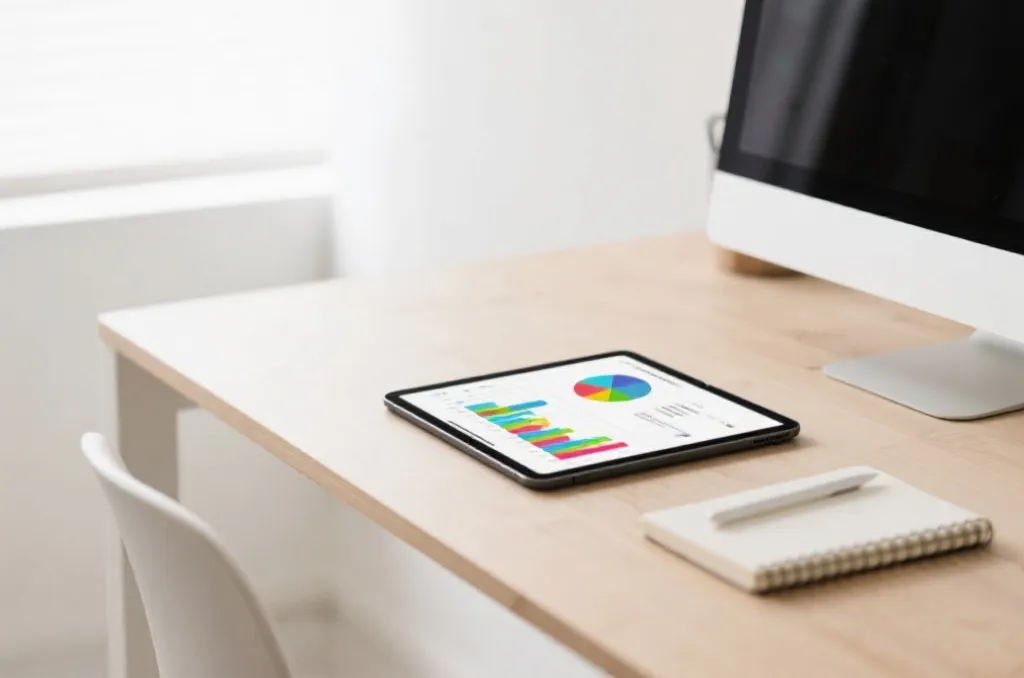 Minimalist modern workspace with tablet displaying data charts and graphs